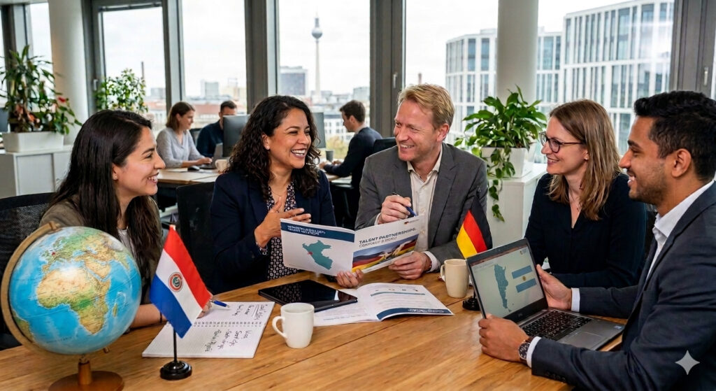 Gruppe Menschen aus verschiedenen Ländern bei Kontakte pflegen