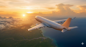 Flugzeug über dem atlantischen Ozean fluegt über Südamerika ein